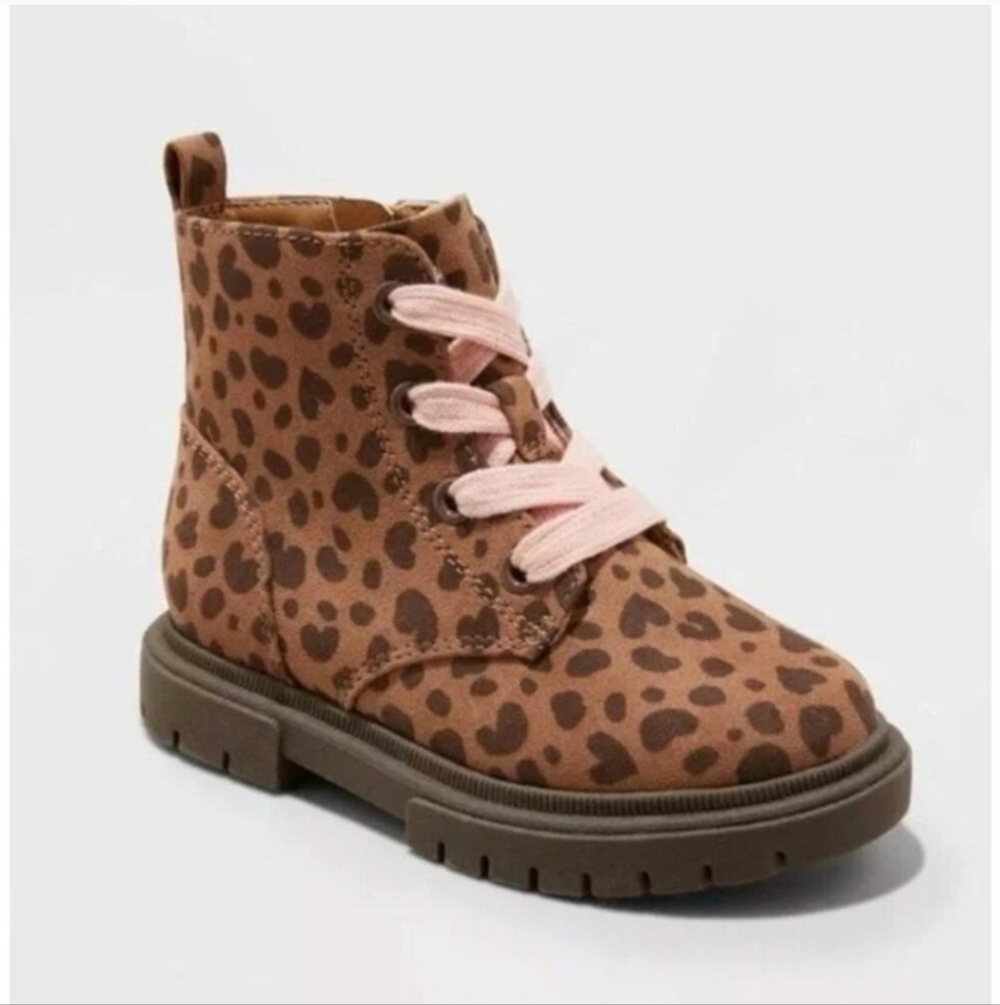 Cat & Jack Amaya Leopard Heart Print Combat Boots Pink Laces Toddler Sz 5
